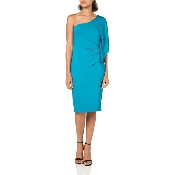 NEW Trina Turk One Shoulder Ration Sheath Jersey Dress in Tile Blue size Small - Picture 1 of 7